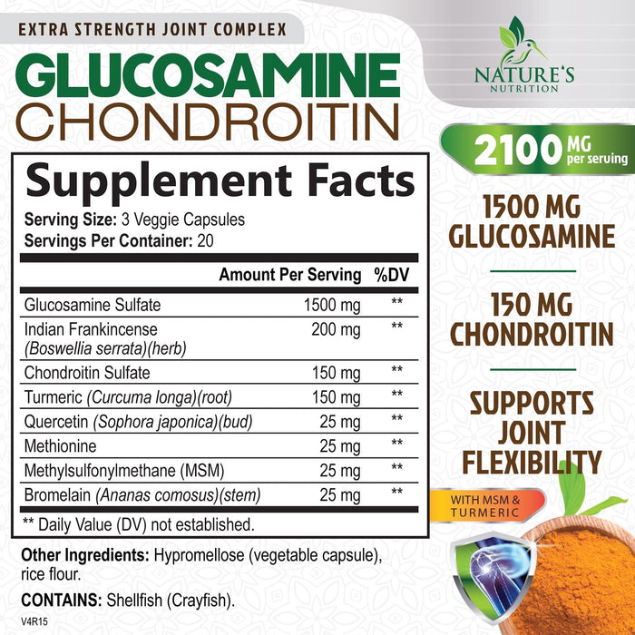 Glucosamine Chondroitin MSM 2100mg Complex - Joint Support Supplement for Joint Mobility & Comfort For Men and Women with Turmeric & Boswellia, Triple Strength Glucosamine Supplements - 60 Capsules