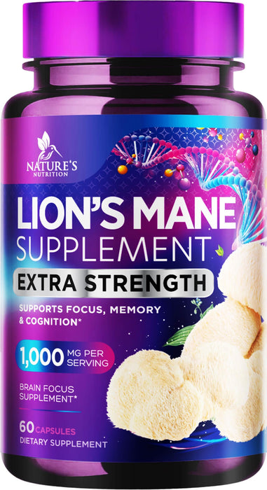 Lions Mane Mushroom Supplement - Brain Health Support for Focus, Memory, Cognition & Immune Support - Nature's Nootropic Lion's Mane Mushroom Extract Non-GMO, Vegetarian & Gluten Free - 60 Capsules