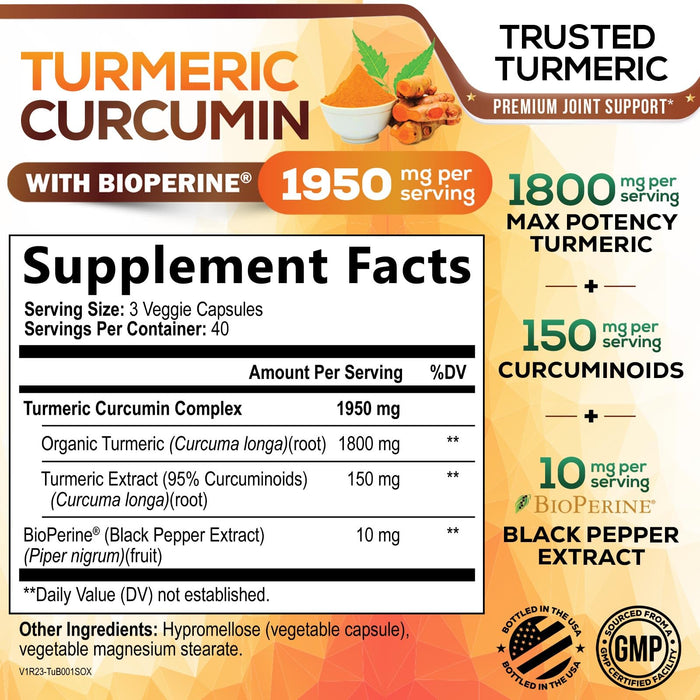 Turmeric Curcumin Supplement 1950mg - 95% Curcuminoids with Organic Turmeric & BioPerine Black Pepper Extract for Best Absorption, Nature's Vegan Joint Support, Non-GMO, Bottled in USA - 120 Capsules