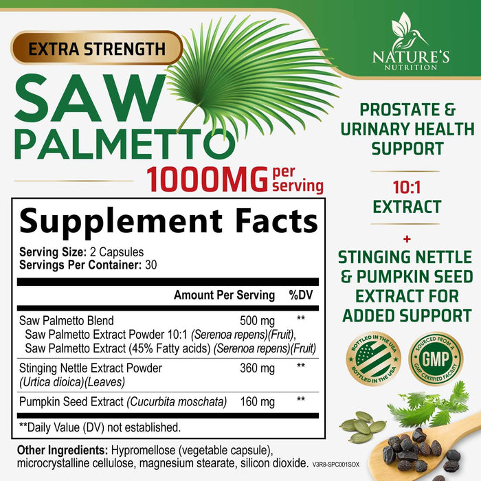 Saw Palmetto for Men 1000MG Prostate Health Supplement - Saw Palmetto Extract Prostate Support Supplement, Prostate Supplements for Men's Health Support, Prostate Urinary Health Support, 60 Capsules