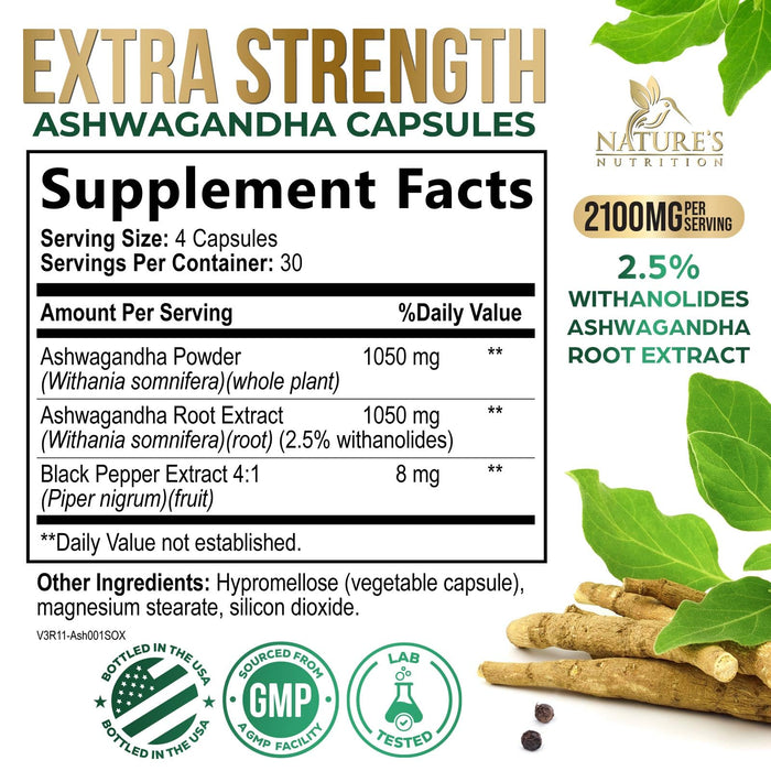 Ashwagandha Capsules for Women & Men - 2100mg Ashwagandha Supplement, Natural Antioxidant Support, Ashwa Root Extract, Extra Strength Calm Support with Black Pepper, Vegan & Gluten Free - 120 Capsules