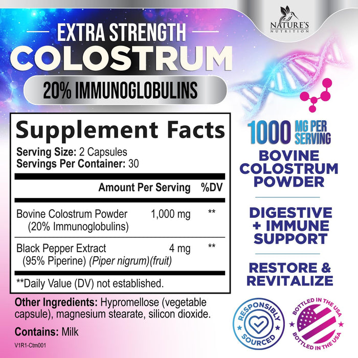 Colostrum For Women Supplement 1000mg 20% Immunoglobulins for Muscle, Skin & Hair Support - Gut Health Digestive & Immune Support - Bovine Colostrum Powder - Gluten Free & Unflavored - 60 Capsules