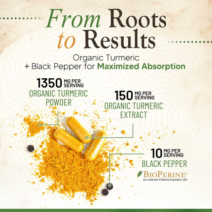 Turmeric Curcumin Supplement 1500mg - Organic Tumeric & BioPerine Black Pepper for Best Absorption with 95% Curcuminoids, Nature's Joint & Immune Support, Non-GMO, Bottled in USA