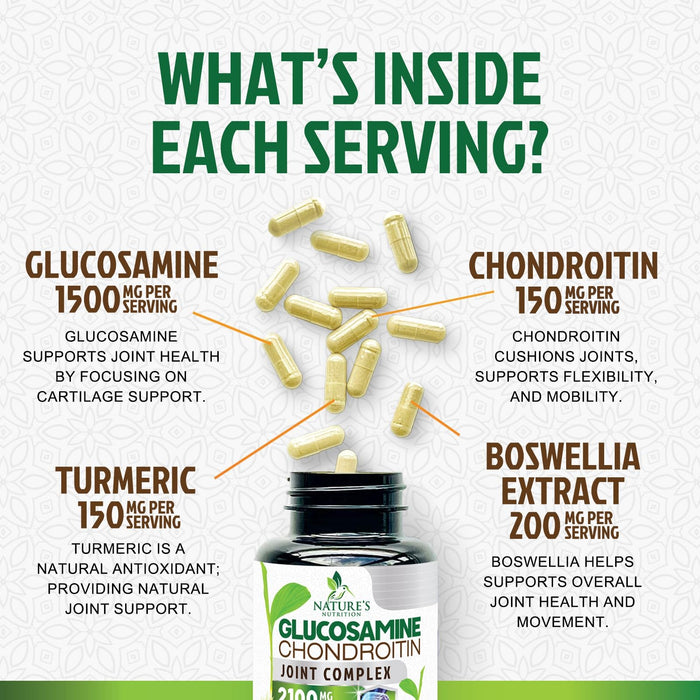 Glucosamine Chondroitin MSM 2100mg Complex - Joint Support Supplement for Joint Mobility & Comfort For Men and Women with Turmeric & Boswellia, Triple Strength Glucosamine Supplements - 60 Capsules