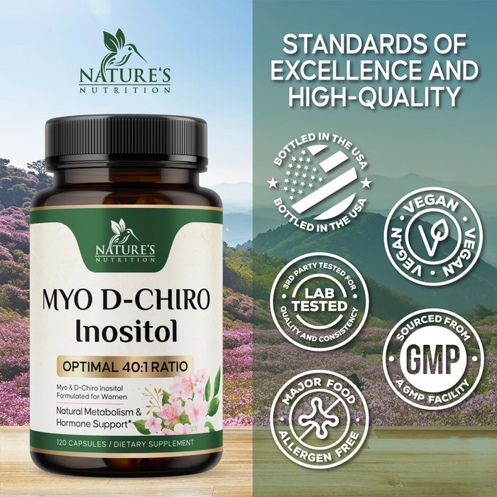 Myo-Inositol & D-Chiro Inositol 1025mg - 40:1 Ideal Ratio for Ovarian Support, Vegan Myo & D Chiro Supplement for Women's Natural Balance and Hormone Support, Vitamin B8, Non-GMO - 120 Capsules