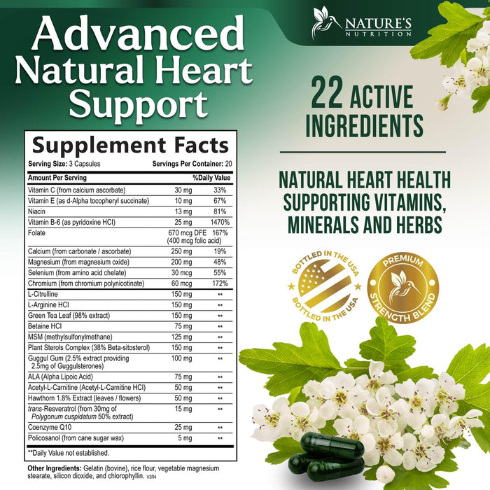 Heart Supplements for Men & Women 1650mg - Antioxidants for Heart Health Support with CoQ10, Hawthorn, Plant Sterol & More Vitamins to Support Nitric Oxide & Energy Production, Non-GMO - 60 Capsules