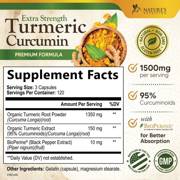 Turmeric Curcumin Supplement 1500mg - Organic Tumeric & BioPerine Black Pepper for Best Absorption with 95% Curcuminoids, Nature's Joint & Immune Support, Non-GMO, Bottled in USA