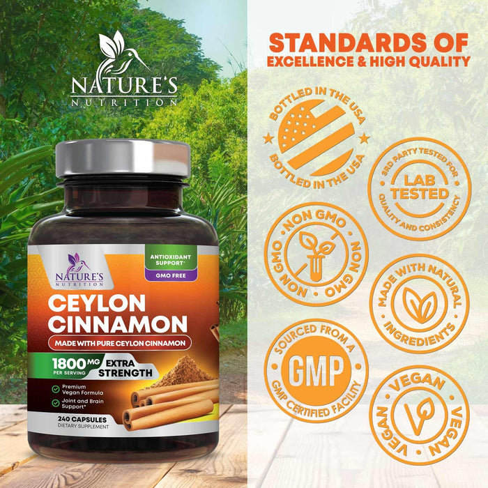 Organic Ceylon Cinnamon Supplement 1800mg - Certified Organic Ceylon Cinnamon Powder Pills - Energy & Heart Support for Women & Men, Bottled in USA, Antioxidant, Gluten Free, Non-GMO - 240 Capsules