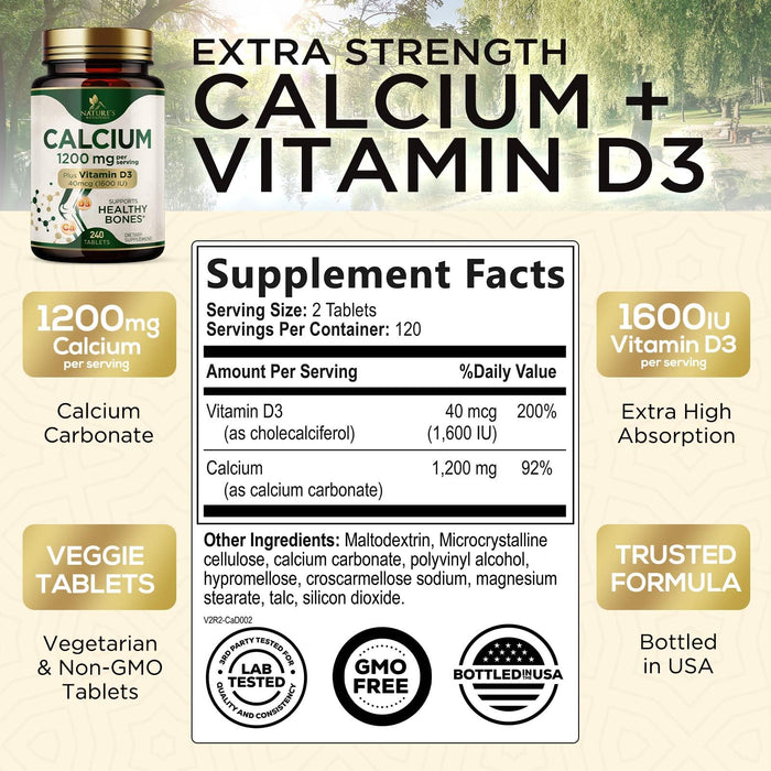 Calcium 1200 mg with Vitamin D3, Calcium Supplement Vitamins, Supports Bone Strength, Teeth & Immune System, Calcium Supplements for Women & Men, Nature's Absorbable Calcium Carbonate - 240 Tablets