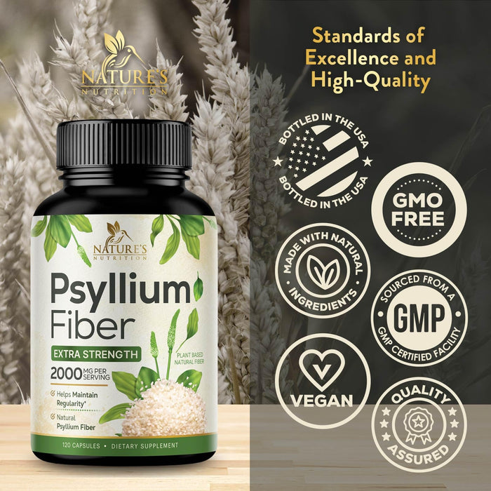 Psyllium Husk Fiber Supplement 2000mg, Natural Daily Soluble & Insoluble Fiber Pills, Psyllium Husk Powder Capsules Supports Digestion Colon Health & Regularity, Plant Based Supplement - 120 Capsules