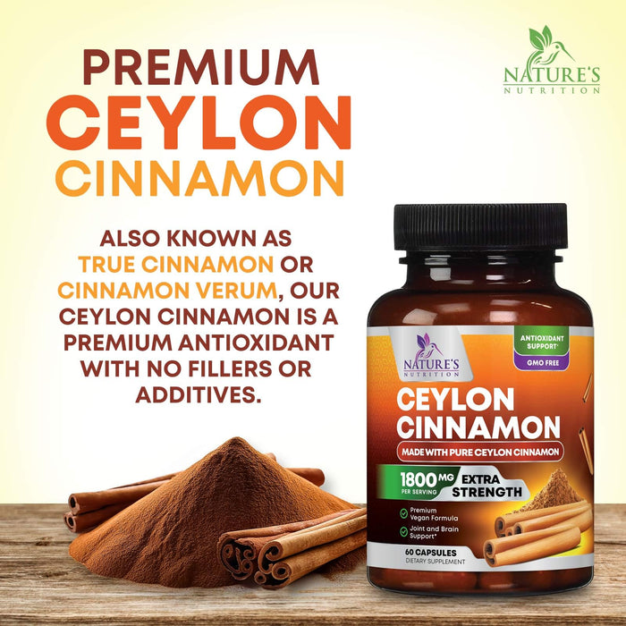 Organic Ceylon Cinnamon Supplement 1800mg - Certified Organic Ceylon Cinnamon Powder Pills - Energy & Heart Support for Women & Men, Bottled in USA, Antioxidant, Gluten Free, Non-GMO - 60 Capsules