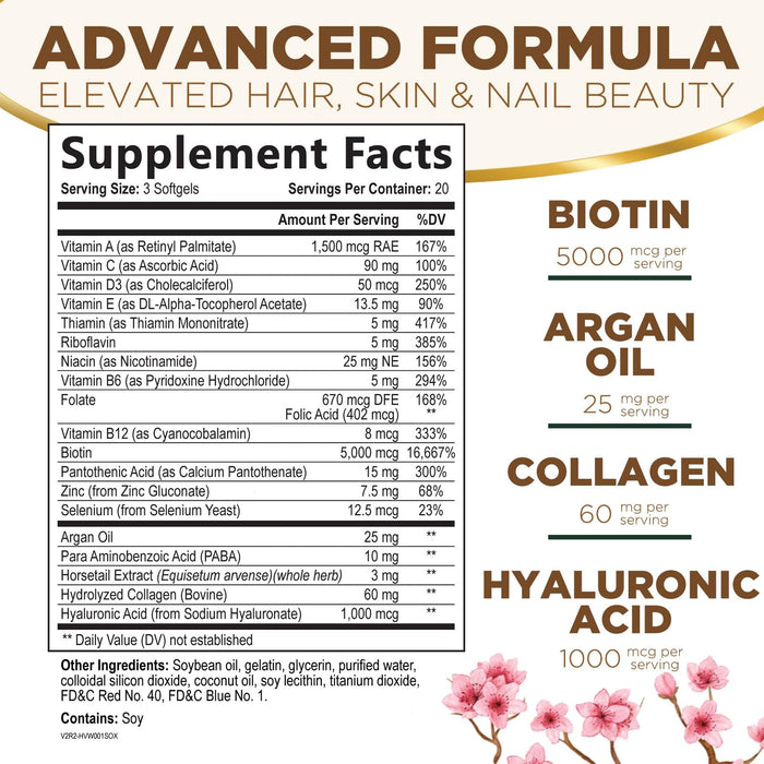Hair Vitamins Biotin 5000 mcg Collagen for Hair Skin and Nails Vitamin Nature's, Supports Supplement Fast Fuller Thicker Healthy Growth Support, with Hyaluronic Acid Women & Men, Non-GMO, 60 Softgels