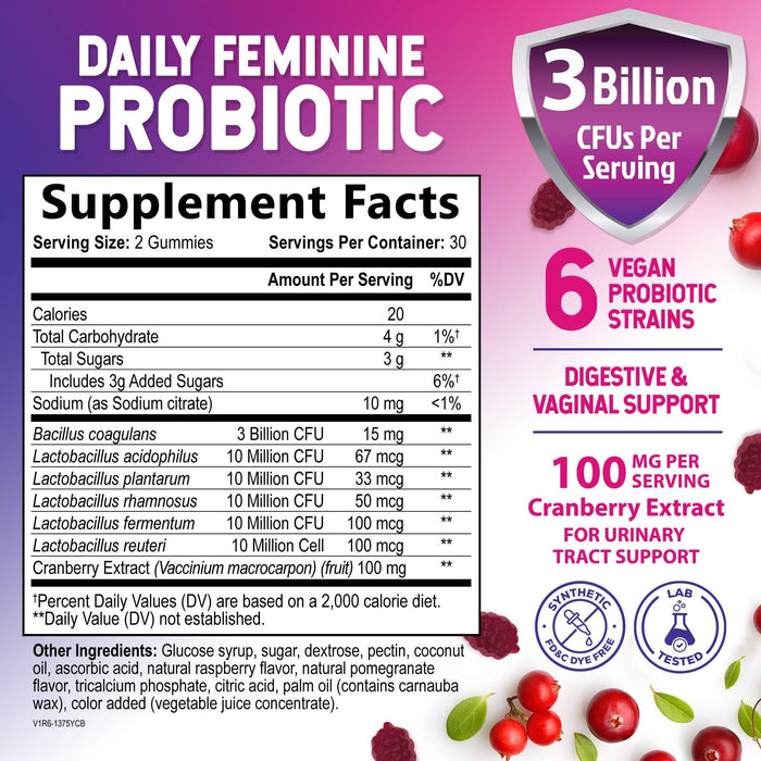 Probiotics for Women Gummies with Cranberry - 6 Premium Strains for PH Balance, Digestive Health, Vaginal & Immune Support, 3 Billion CFU, Women's Probiotic Gummy for Feminine Health - 60 Gummies