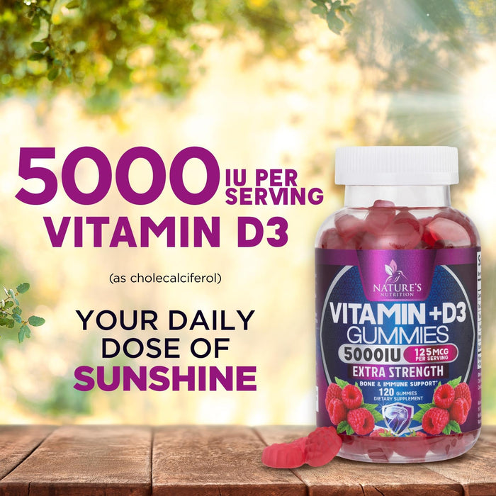 Vitamin D3 Supplement Gummy 5000 IU (125 mcg) Dietary Vitamins D for Men & Women - Bone, Teeth, Muscle and Immune Health Support, High Potency VIT D3 Nature's Non-GMO & Gluten Free - 120 Gummies