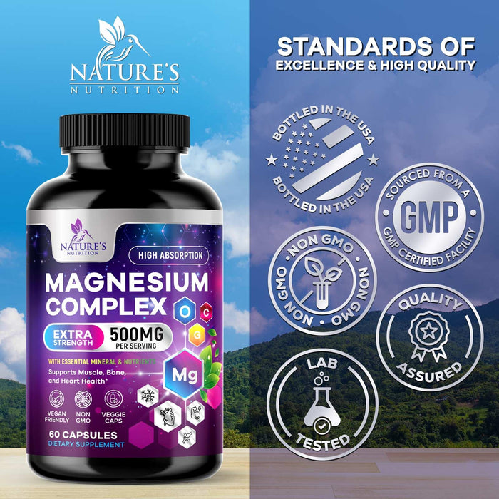 Magnesium Complex Supplement 500 mg - 4 in 1 High Absorption Chelated Magnesium Glycinate, Malate, Citrate, Oxide, Aquamin - Non-GMO Magnesio Capsules, Bone Muscle & Heart Health Support, 60 Capsules