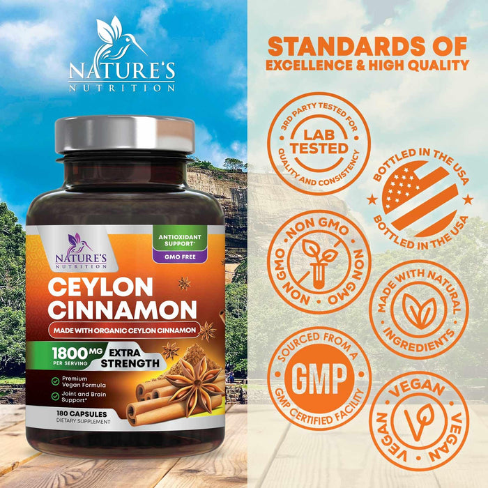 Organic Ceylon Cinnamon Supplement 1800mg - Certified Organic Ceylon Cinnamon Powder Pills - Energy & Heart Support for Women & Men, Bottled in USA, Antioxidant, Gluten Free, Non-GMO - 180 Capsules
