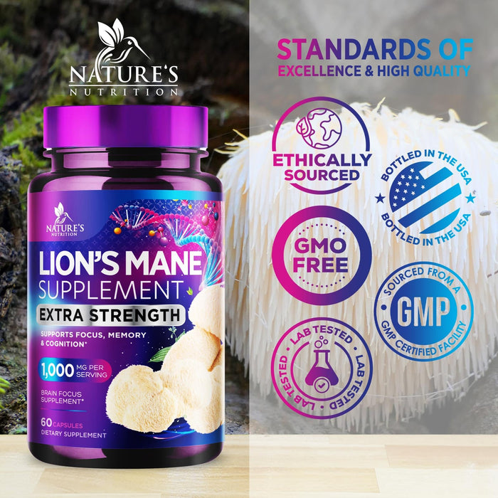 Lions Mane Mushroom Supplement - Brain Health Support for Focus, Memory, Cognition & Immune Support - Nature's Nootropic Lion's Mane Mushroom Extract Non-GMO, Vegetarian & Gluten Free - 60 Capsules