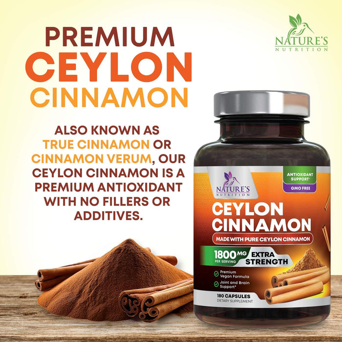 Organic Ceylon Cinnamon Supplement 1800mg - Certified Organic Ceylon Cinnamon Powder Pills - Energy & Heart Support for Women & Men, Bottled in USA, Antioxidant, Gluten Free, Non-GMO - 180 Capsules