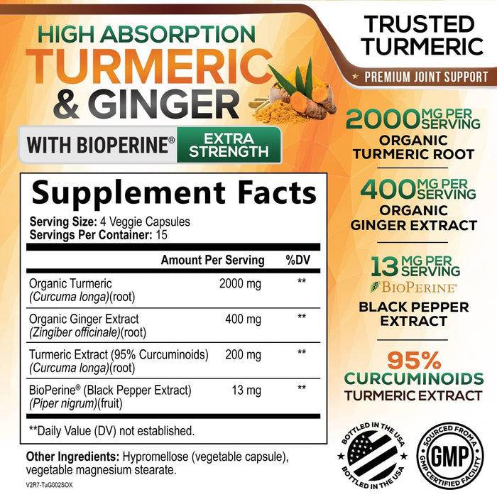 Turmeric Curcumin Supplement 2600mg with Organic Ginger & Turmeric, BioPerine Black Pepper Extract 95% Curcuminoids - Advanced Absorption Joint & Antioxidant Extra Strength Support - 60 Capsules