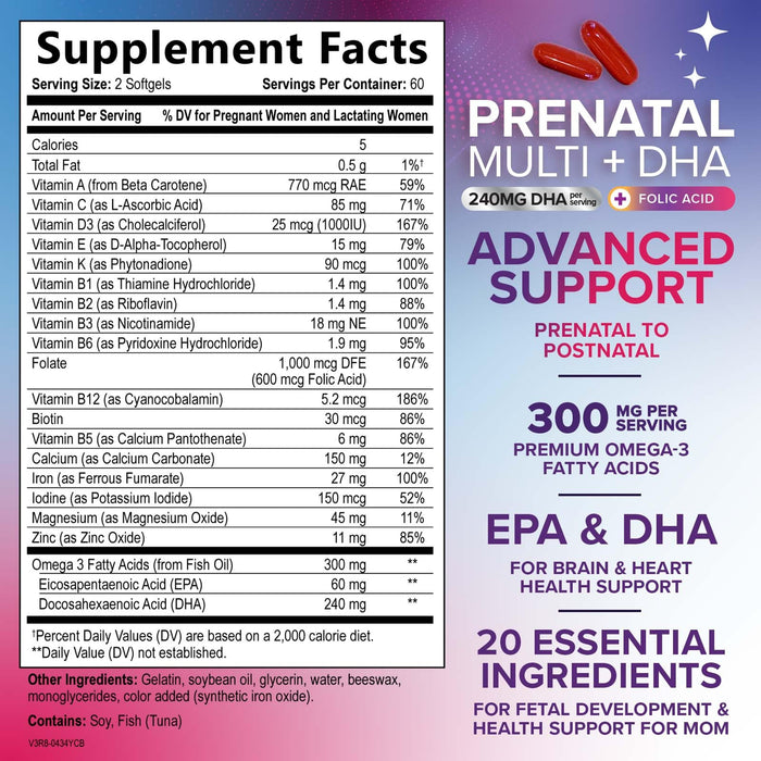 Prenatal Vitamins with Folic Acid & DHA, Fetal Brain Development Support with Folate & Omega 3's, Prenatal Multivitamin for Women, Vitamin A, C, D, B6, B12 & Iron, Pregnancy Supplement - 120 Softgels