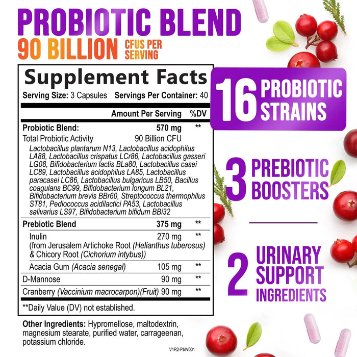 Women's Probiotic + Cranberry & Prebiotics 90 Billion CFU - 120 Capsules