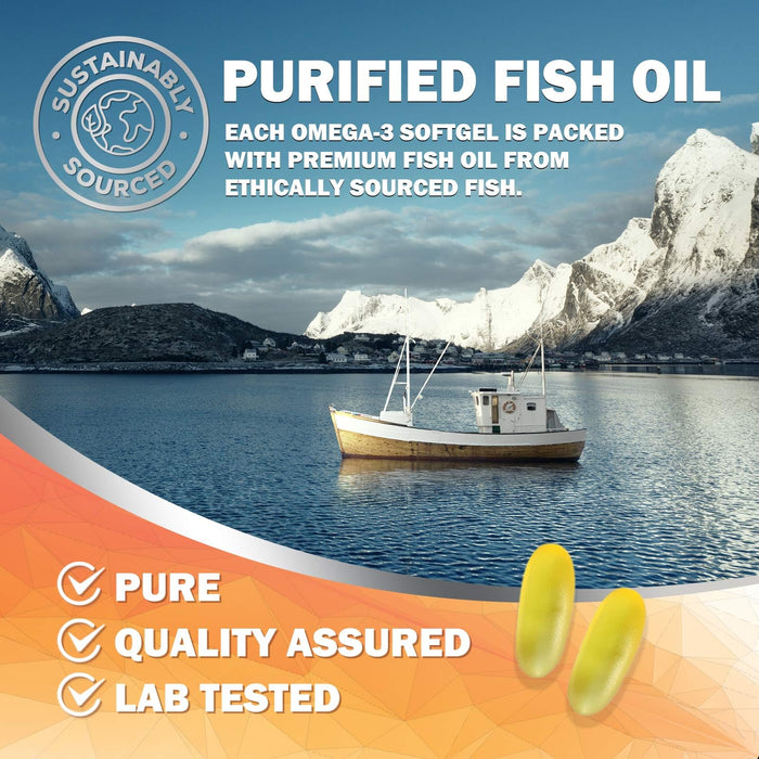 Omega 3 Fish Oil 2400 mg – Triple Strength EPA & DHA Fatty Acids for Heart, Brain & Joint Support – Wild-Caught, Burpless, Lemon Flavor Supplement – Natural, Non-GMO, Gluten-Free – 180 Softgels