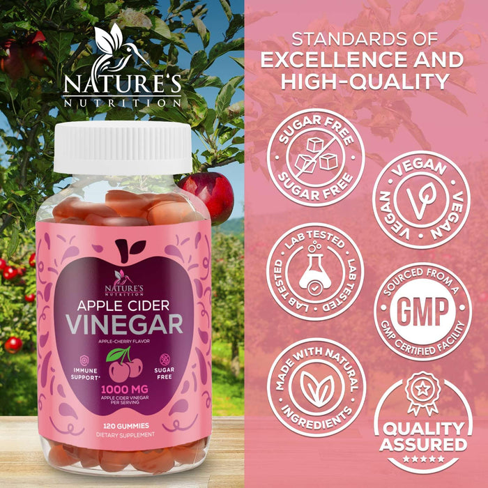 Vegan Apple Cider Vinegar Gummy 1000mg - Sugar Free ACV Gummies Vitamins Supplement with Vitamin B12 for Energy - Supports Digestion, Detox and Cleanse - Gelatin-Free, Non-GMO - 120 Gummies