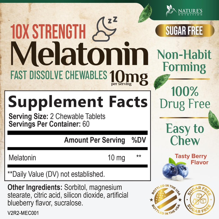 Melatonin 10 mg Fast Dissolve, Melatonin Supplements for Restful Sleep, Natural Sleep Support Supplement for Adults, Extra Strength Strawberry-Flavored Tablets, Sugar Free, 120 Tablets, 120 Day Supply