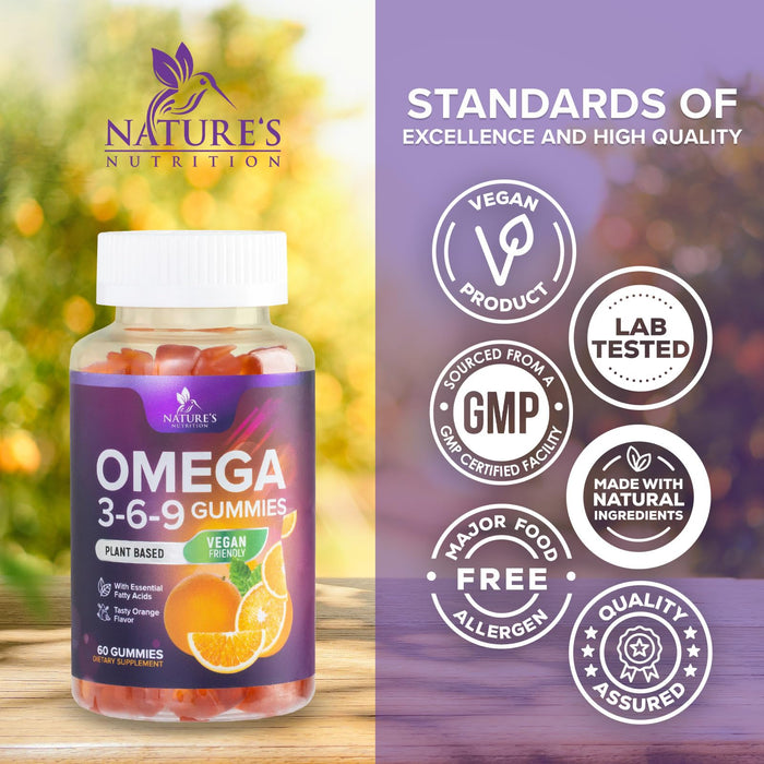 Omega 3 6 9 Vegan Gummies - Triple Strength Omega 3 Supplement Gummy - Essential Oil 369 Heart Support and Brain Support for Women, Men & Pregnant Women, Non-GMO, Orange Flavor - 60 Gummies