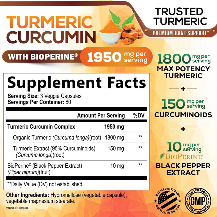 Turmeric Curcumin Supplement 1950mg - 95% Curcuminoids with Organic Turmeric & BioPerine Black Pepper Extract for Best Absorption, Nature's Vegan Joint Support, Non-GMO, Bottled in USA - 240 Capsules