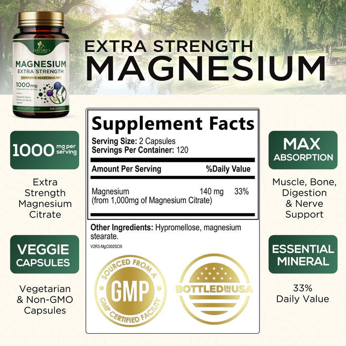 Magnesium Supplement (Citrate Oxide) 1000mg for Best Absorption, Supports Bone, Heart Health, Nerves, Muscles & Metabolism, Nature's Pure Magnesio Vitamin Pills, Bottled in USA, 240 Capsules