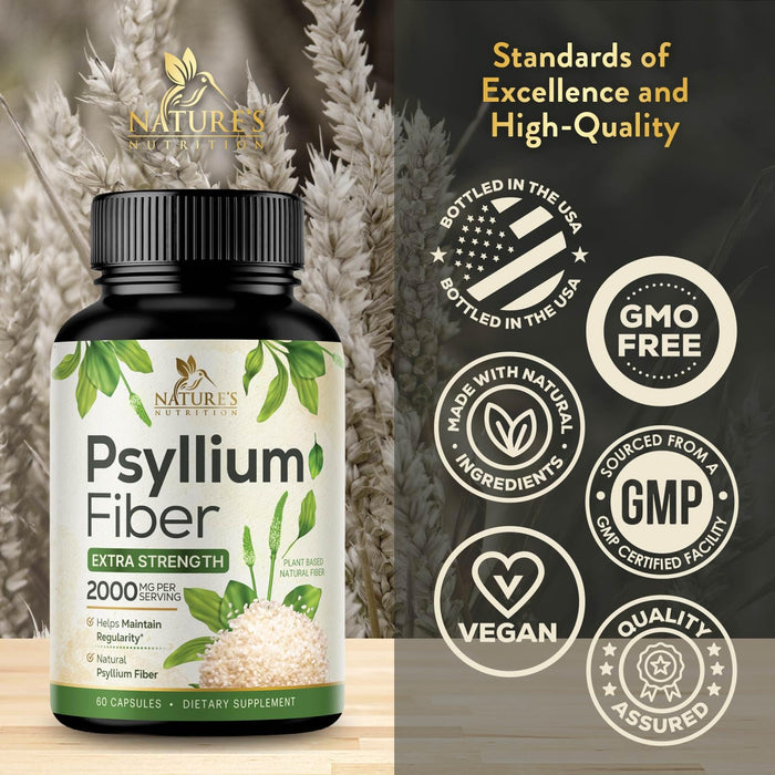 Psyllium Husk Fiber Supplement 1500mg, Natural Daily Soluble & Insoluble Fiber Pills, Psyllium Husk Powder Capsules Supports Digestion Colon Health & Regularity, Plant Based Supplement - 60 Capsules