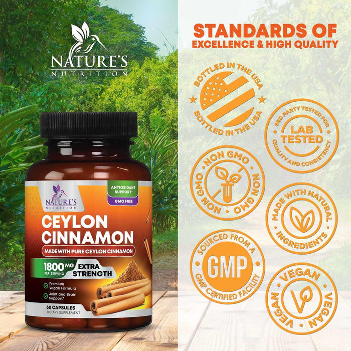 Organic Ceylon Cinnamon Supplement 1800mg - Certified Organic Ceylon Cinnamon Powder Pills - Energy & Heart Support for Women & Men, Bottled in USA, Antioxidant, Gluten Free, Non-GMO - 60 Capsules