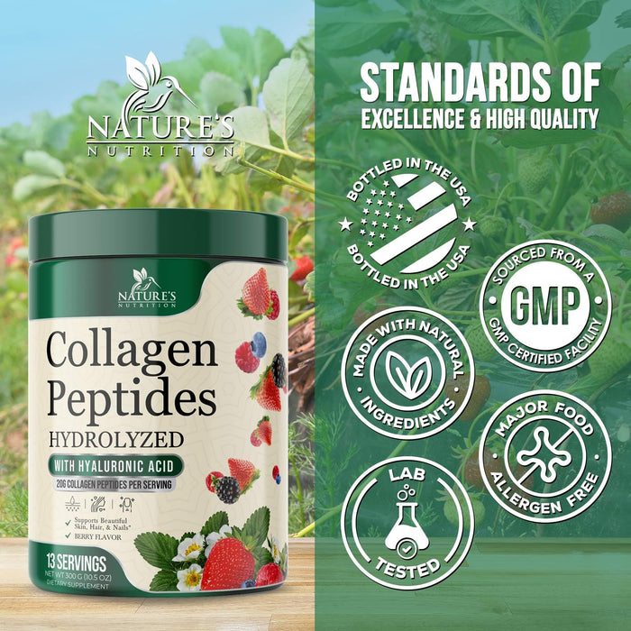 Collagen Peptides Powder 20g - Hydrolyzed Type 1 & 3 Berry Flavor Collagen Powder - Biotin, Hyaluronic Acid, Vitamin C - Hair, Skin, & Nails Support Supplement for Women & Men - Bottled in USA, 10.5oz