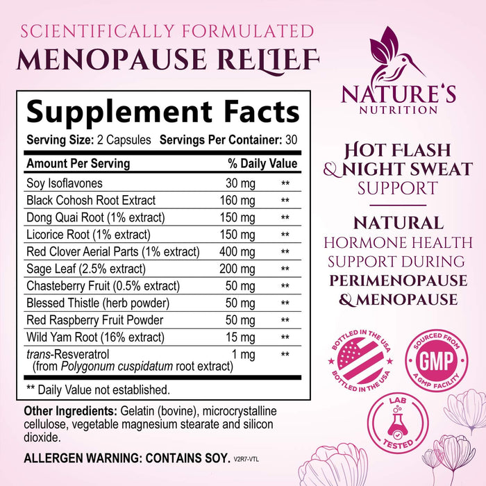 Menopause Supplements for Women with Black Cohosh - Hot Flash and Hormone Support for Women, Natural Menopause Relief Vitamins Support Mild Night Sweats & Balance, Non-GMO & Gluten Free - 60 Capsules