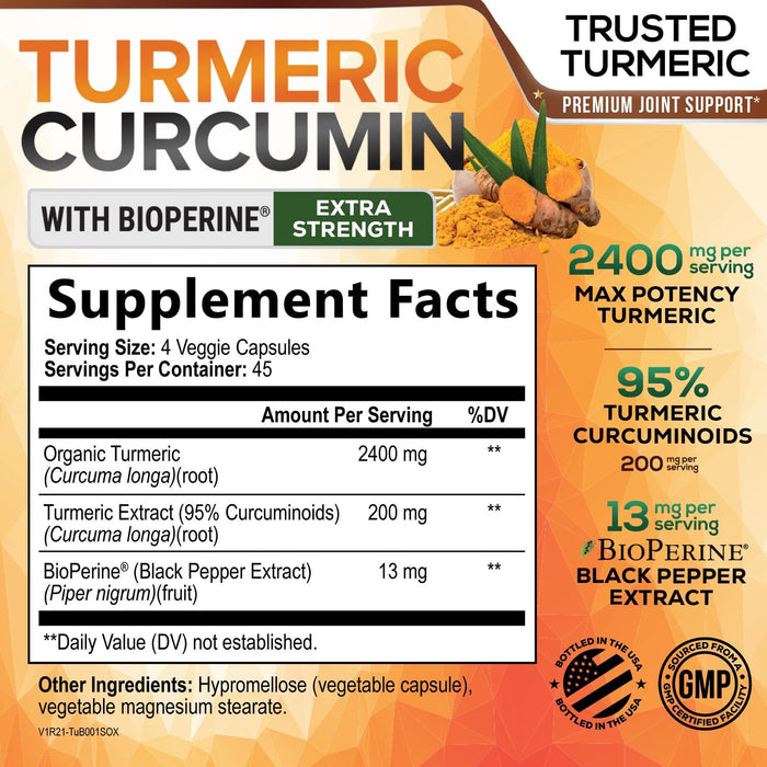 Turmeric Curcumin Supplement with BioPerine 95% Curcuminoids 2600mg with Black Pepper for Best Absorption, Bottled in USA, Best Natural Vegan Joint Support, Nature's Non-GMO Tumeric - 180 Capsules