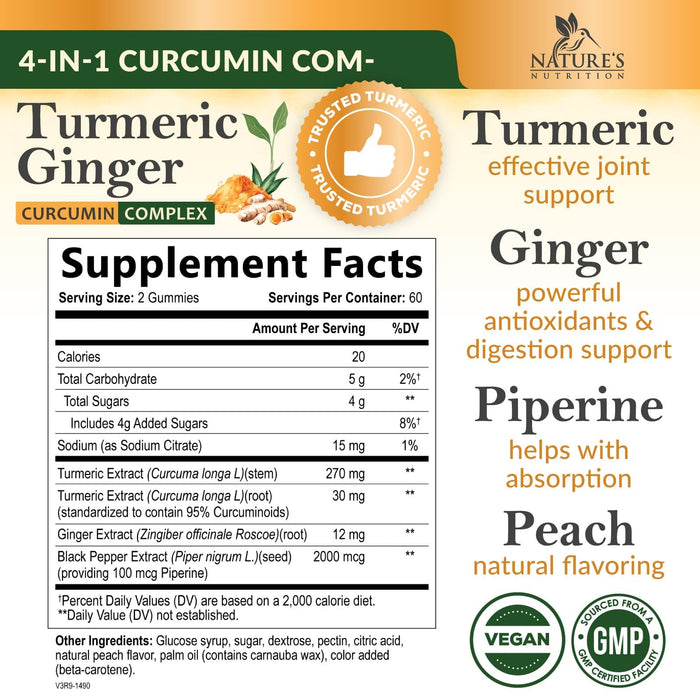 Turmeric Gummies with Black Pepper & Ginger for Best Absorption, 95% Curcuminoids Tumeric Curcumin Gummy, Nature's Herbal Extract Joint Support Supplement, Vegan Non-GMO, Peach Flavor - 120 Gummies