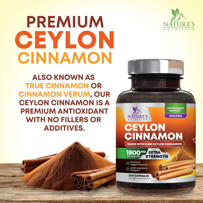 Organic Ceylon Cinnamon Supplement 1800mg - Certified Organic Ceylon Cinnamon Powder Pills - Energy & Heart Support for Women & Men, Bottled in USA, Antioxidant, Gluten Free, Non-GMO - 240 Capsules