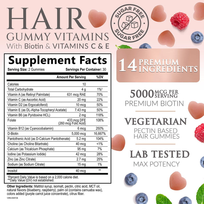 Sugar Free Hair Vitamins Gummies with Biotin 5000 mcg, Vitamin A, B12, C, D, E, Folic Acid, Supports Hair Growth Gummy, Vegetarian Friendly, Supports Strong Beautiful Hair and Nails - 60 Gummies