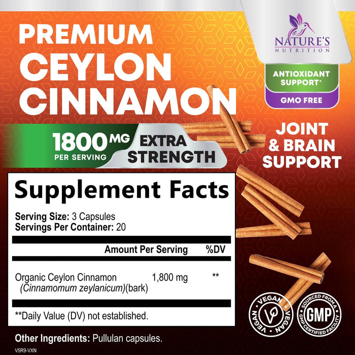 Organic Ceylon Cinnamon Supplement 1800mg - Certified Organic Ceylon Cinnamon Powder Pills - Energy & Heart Support for Women & Men, Bottled in USA, Antioxidant, Gluten Free, Non-GMO - 60 Capsules