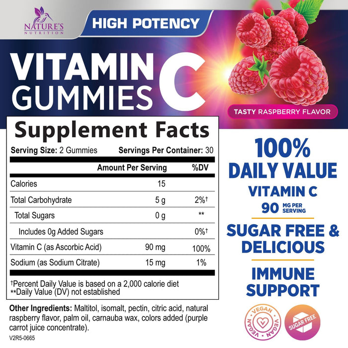 Zero Sugar Vitamin C Gummies - Immune Support & Antioxidant VitaminC Dietary Supplement - Vegan, Non-GMO, Dairy & Gluten Free C Vitamin Gummy - Raspberry Flavor for Kids & Adults - 60 Count Gummies