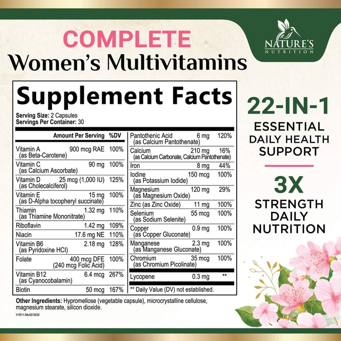 Multivitamin for Women with Vitamins A, C, D, E, B6, B12, Zinc, Calcium & Magnesium, Womens Daily Multi Vitamin Multimineral Supplement for Bone Health, Energy & Immune Support, Non-GMO - 60 Capsules