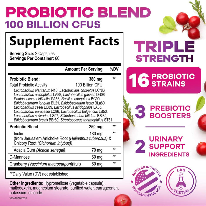 Probiotics for Women 60 Billion CFU - 16 Strains, Prebiotics & Cranberry, PH Balance, Digestive Health, Vaginal & Immune Support, Womens Probiotic for Gut Health, Shelf Stable - 120 Capsules