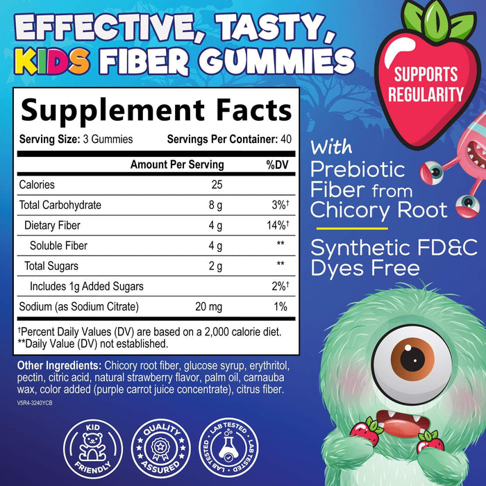 Fiber Gummies for Kids, Daily 4g Gummy Fiber Supplement, Prebiotic Digestive Health Support - Nature's Plant Based Soluble Fiber, Supports Regularity & Digestion for Kids Non-GMO - 120 Gummies
