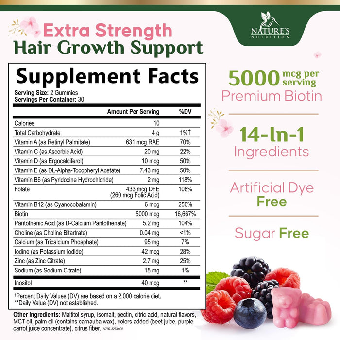 Hair Vitamins Gummies with Biotin 5000 mcg - Stronger, Radiant Hair, Skin & Nails Supplement - Vitamin E & C, Hair Growth Support Vitamin for Women & Men, Non-GMO & Gluten Free - 60 Gummies