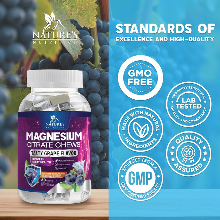 Magnesium Citrate Supplement Gummies 100mg - High Absorption Magnesium Citrate Soft Chews for Heart, Muscle, Calm, & Nerve Health Support, Vegan Chewable Gummies for Adults, Grape-Flavor - 60 Count