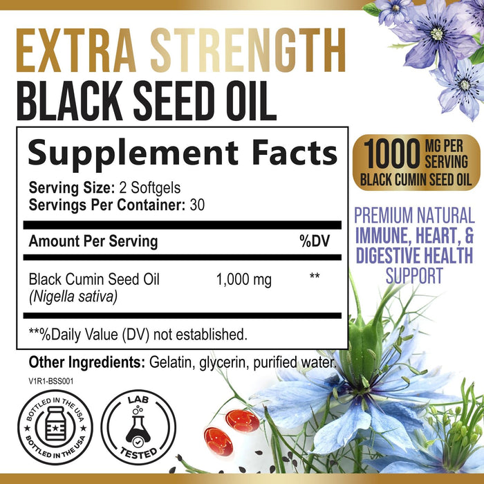 Black Seed Oil Softgels 1000mg - Premium Nigella Sativa Blackseed, Pure Natural Black Cumin Seed Oil & Antioxidant for Skin & Immune Support - Non GMO, Bottled in USA Supplement - 60 Softgels