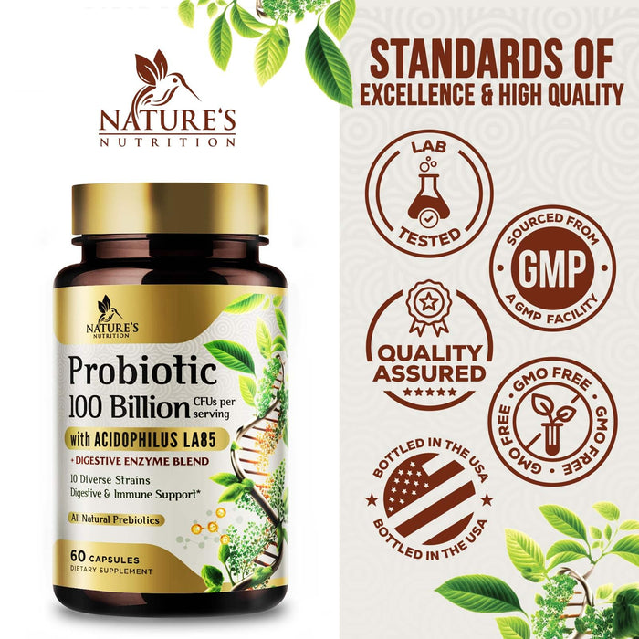 Probiotics for Women & Men - 100 Billion CFU 10 Strains + Prebiotics - Digestive Health, Gut & Immune Support - Support for Occasional Constipation, Gas & Bloating - Non-GMO Shelf Stable - 60 Capsules