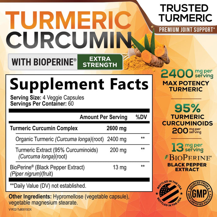 Turmeric Curcumin Supplement with BioPerine 95% Curcuminoids 2600mg with Black Pepper for Best Absorption, Bottled in USA, Best Natural Vegan Joint Support, Nature's Non-GMO Tumeric - 240 Capsules