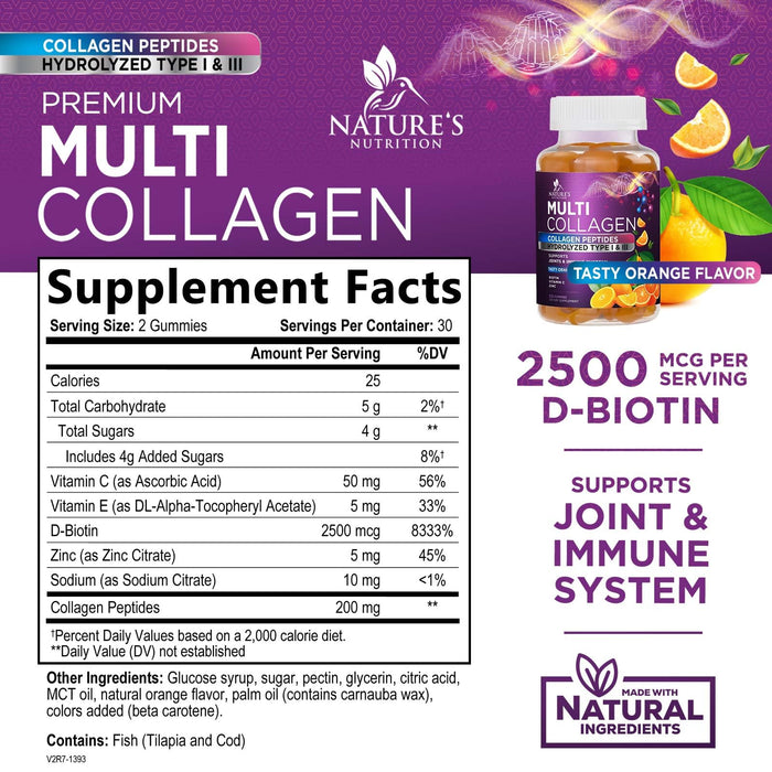 Collagen Gummies for Women with Vitamin C, Zinc & Biotin - Hydrolyzed Protein Type 1 & 3 Multi Collagen Peptides Supplement - Support for Hair, Skin, Nails & Joints, Gluten Free Complex - 60 Gummies